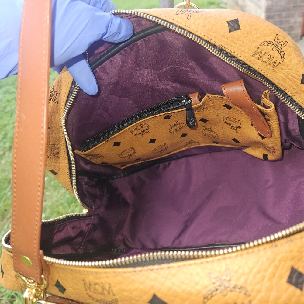MCM Tan and Brown Satchel with Iconic Monogram and Gold Hardware W/ COA - Picture 6 of 16